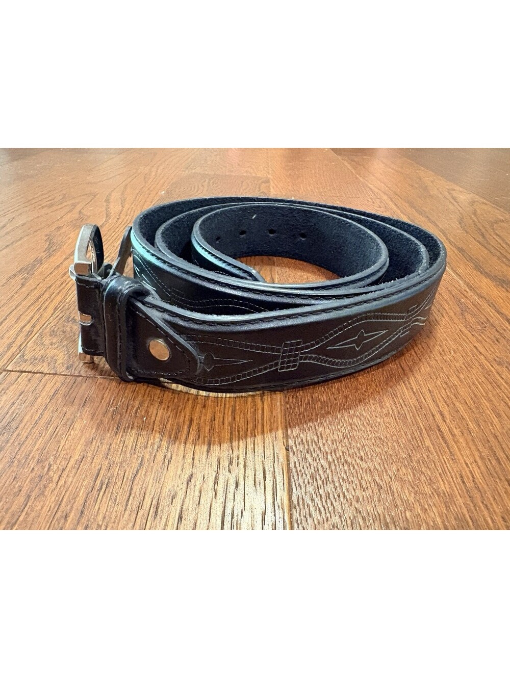 Black Belt Faux Leather Silver Tone  Buckle Western Embossed NWT 52"
